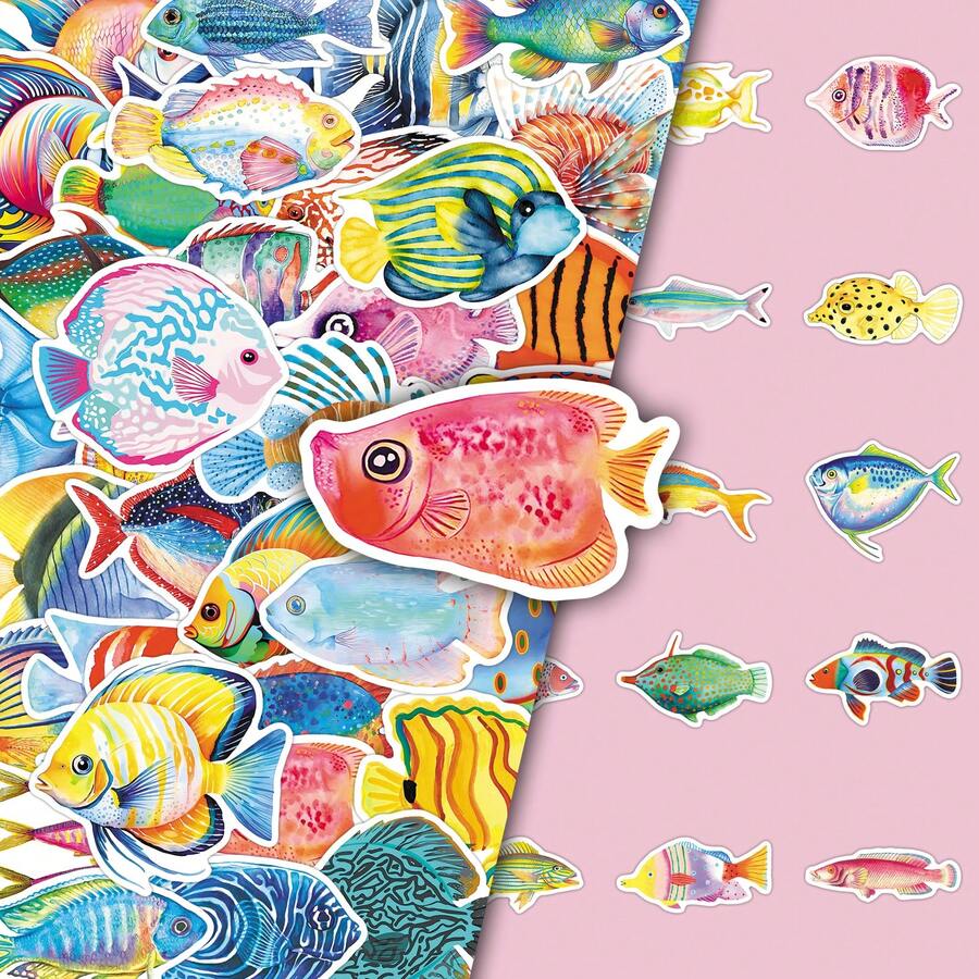 50pcs Cartoon Colorful Tropical Fish, Angelfish, Spotted Fish, Marine Life Decorative Stickers For Stationery, Refrigerator - Multicolor - View 1