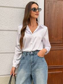 优雅翻领前扣长袖仿丝缎面女式衬衫 - 白色 - 查看 5