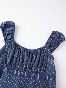 Women's French Vintage Polka Dot Top Cute Square Neck Short Sleeve T-Shirt Slim Fit Milkmaid Blouse Elegant Summer Going Out Tops - Màu xanh lam - Xem 3