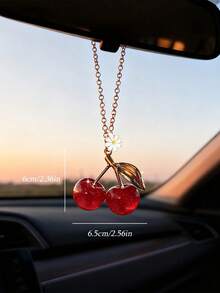 1pc Red Cherry Car Pendant Car Rearview Mirror Pendant Creative Interior Decoration - A - View 4