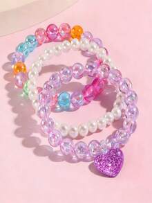 3pcs/Set Girls Sweet Heart Pendant Pearl Bracelet Set, Adorable Beaded Bracelet, Suitable For Daily Wear, Festivals, Valentine's Day Gift, Girls Accessories