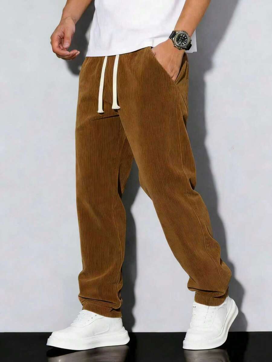 Men's Corduroy Lightweight Casual Trousers For Spring And Summer, Comfortable To Wear, With Drawstring And Pockets, Machine Washable. - Rỉ Nâu - Xem 1