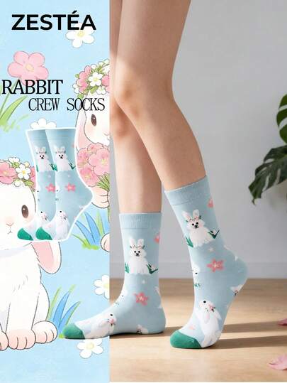 1 Pair Of Women's Cute Bunny Theme (With Floral Wreath Bunny Patterns) Fresh Printed Contrasting Color Soft Comfortable Sweat-Absorbent Crew Socks, Perfect Gifts For Mothers, Daughters, Girlfriends, Animal Lovers On Birthday, Daily Wear, Casual Outings, Sweet Fall & Winter Socks For Gentle Style Matching