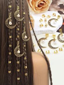 24pcs Women Moon With Pearl And Shaped Star Hair Accessories, Hair Clips For Ponytail, Party & Festival,Hair Barrettes Claw Clips, School Stuff - Gold - View 1