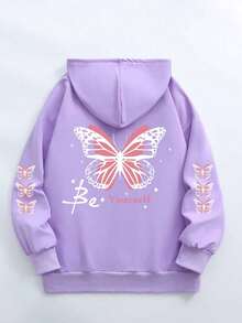 女款大尺碼蝴蝶連帽衛衣－灰色底色配粉色飾邊，「Be Yourself」印花，舒適套頭連帽衫，適合秋冬穿著 - 淡紫色 - 查看 3