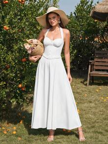 PARTHEA 优雅的无袖甜心领A字长裙，饰有荷叶边和纽扣前襟，完美打造复古或休闲造型，同时又不失露背设计。 - 白色 - 查看 3