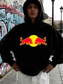 Fashionable Men's Hoodie With "Red Bull RACING" Pattern, Printed On Both Sides, Racing Car Graphic Design, Stylish Street Style Hoodie, Comfortable And Loose Fit For Autumn And Winter, Suitable For Everyday Wear, Machine Washable, A Great Gift For Men. - 黑色 - 查看 2