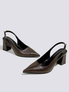 女士棕色粗跟7厘米高跟凉鞋，露趾派对高跟鞋，婚礼正式鞋，无后跟套穿尖头高跟凉鞋 - 棕色 - 查看 3