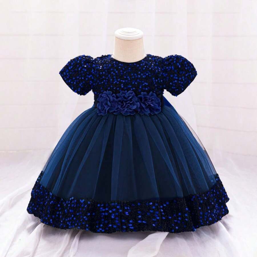 Pink Kids Clothes 2116 Big Bow 3D Flower Girls Frock Tulle Sequins Ball Gown Pageant Children Elegant Princess Prom Host Formal Evening Party Cocktail Dress 0-4Y - 黑色藍色 - 查看 1