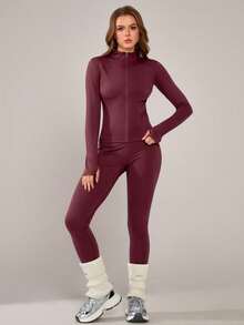 1 Set Women Elastic Zipper Casual Everyday Sportswear, Stand Collar Design, Waist Cinched, Suitable For Dance & Workout - 紅色 - 查看 2