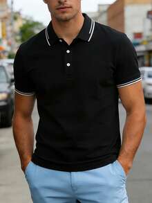 男士轻便透气 Polo 衫，时尚商务休闲短袖 Polo 领 T 恤 - 黑色 - 查看 4