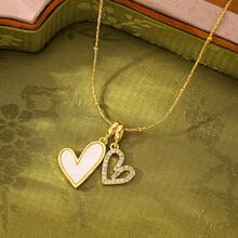 1pc 18K Gold Plated Stainless Steel Double Heart Inlaid Zirconia Necklace, Versatile, Exquisite, Luxurious Elegant, Suitable For Women's Daily And Party Wear, Gift For Girlfriend, Social Gifting, Material, Harmless, Eternal Classic Element, High-Quality Minimalist Style, Daily Wear, Valentine's Day Gift - Gold - View 3