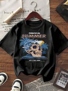 Camiseta feminina com estampa de caveira tropical para o verão, camiseta casual de manga curta e gola redonda, blusa com estampa vintage de férias na praia, ideal para o dia a dia e looks de férias. - Branco - Ver 1