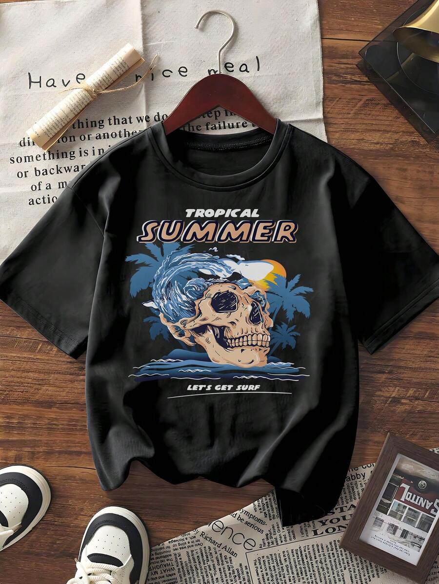 Camiseta feminina com estampa de caveira tropical para o verão, camiseta casual de manga curta e gola redonda, blusa com estampa vintage de férias na praia, ideal para o dia a dia e looks de férias. - Branco - Ver 1