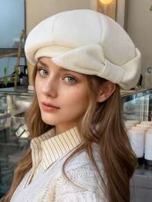 1pc Women's Hat, Solid Color Beret With Bow, Autumn/Winter Warm Outdoor Sports Commute Shopping Elegant Petite Painter Cap, Fashion Versatile Retro Minimalist Hatless Beret, Suitable For Daily And Holiday Use