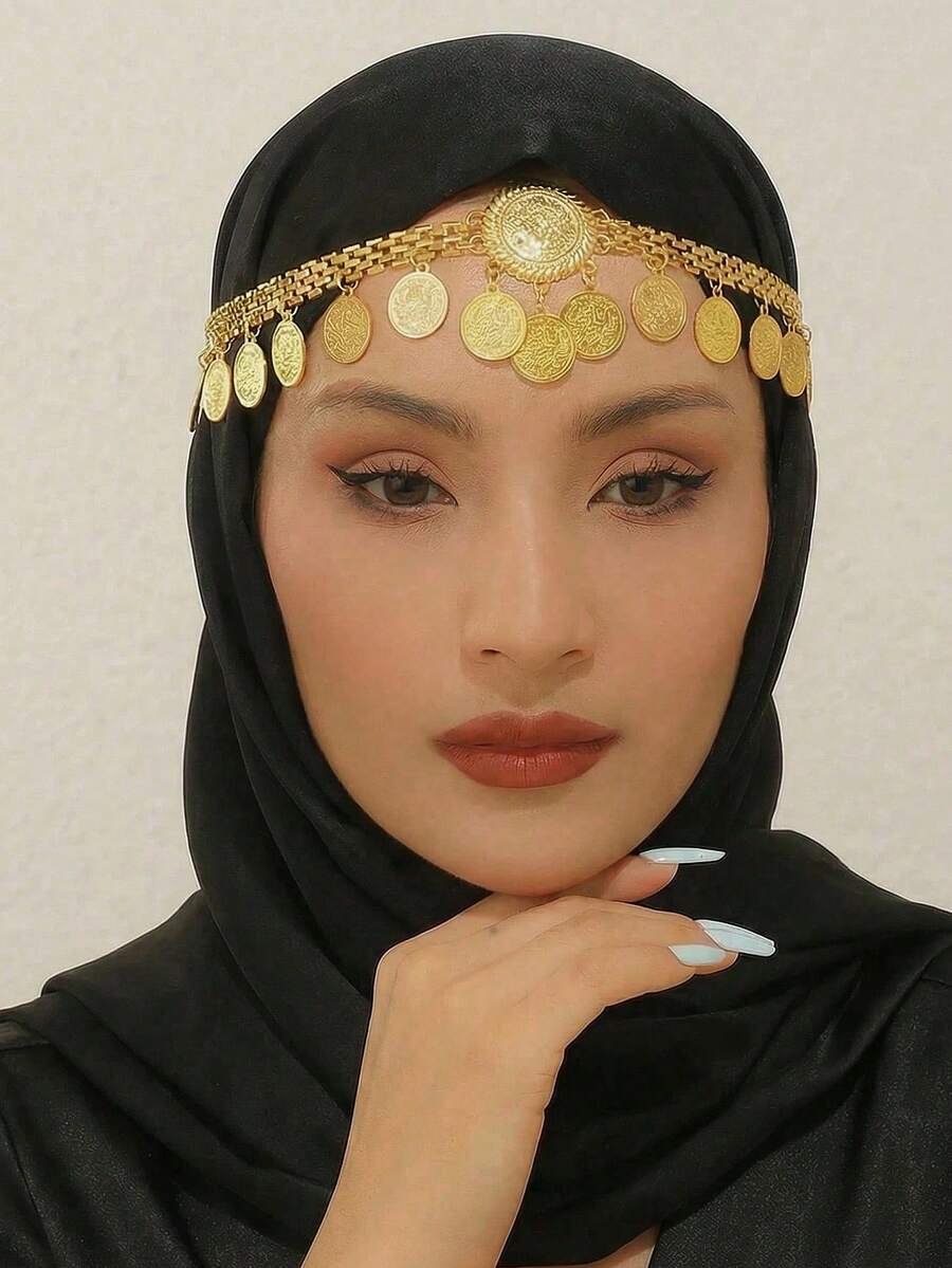 1件阿拉伯风格金币流苏头链，新娘婚礼珠宝发饰，头饰，准新娘，女士发饰 - 金色 - 查看 1