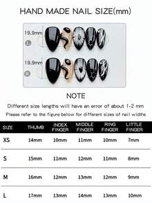 10片纯手工制作的按压式美甲贴片，短杏仁形甲型，风格深沉神秘。贴片上绘有手工绘制的黑色恶魔之眼，以及纯手工绘制的立体黑色盘绕蛇纹，并饰以蛇形图案和不对称线条设计。 - 彩色 - 查看 6