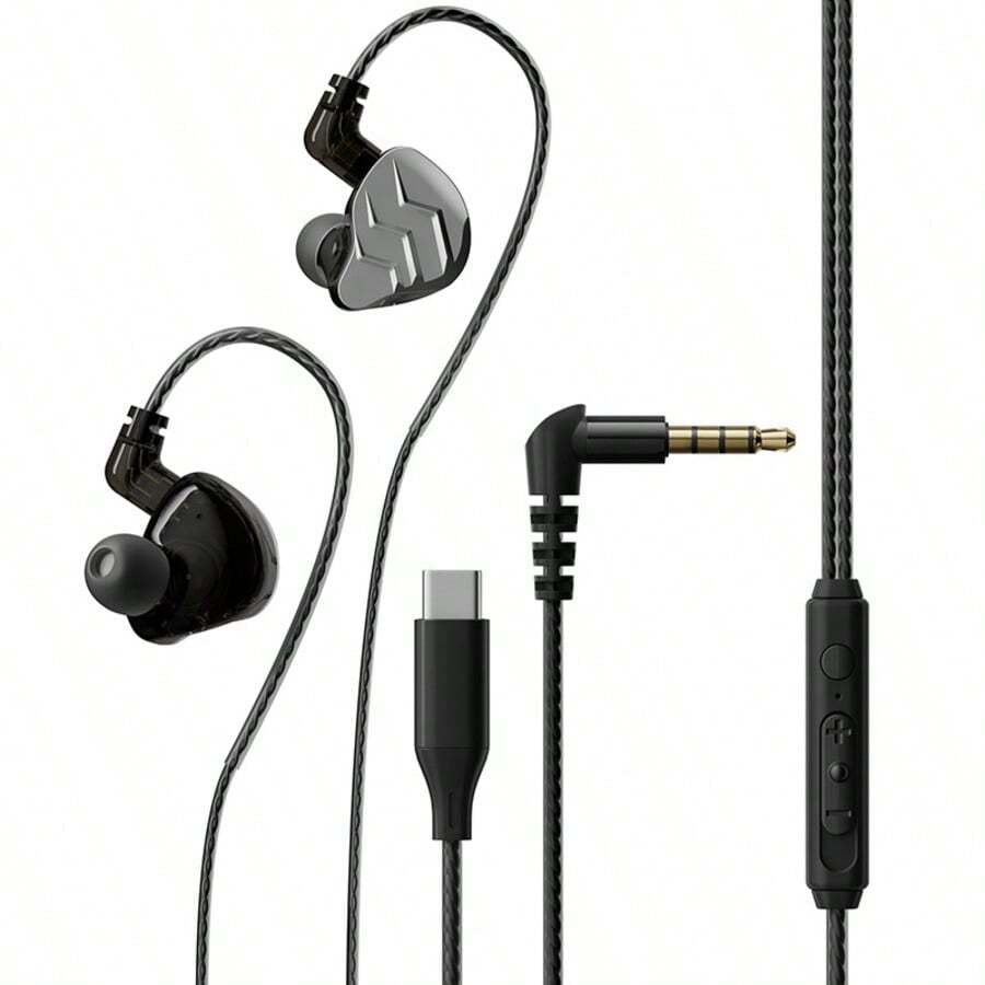 有线入耳式监听耳机 - 双动圈HiFi立体声，降噪耳塞，可拆卸线缆，USB供电，橡胶舒适贴合，动漫/电影/电视/游戏理想之选 - 槍色 - 查看 1