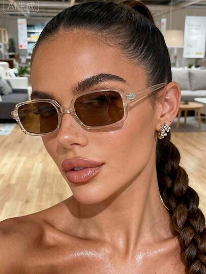 1 Pair Unisex Brown Rectangular Sunglasses, Suitable For Outfits, Travel, Summer Accessories, Sports Style, Driving, Festivals, Beach, EDM Festivals, Vacations, Family Outings, Golf, Hiking, Elegant Attire, Street Style Accessories, Vacation Vibes, Sports, Parties, Outdoor Activities, Street Style, Fishing, Providing Elegant Atmosphere For Daily And Party Occasions