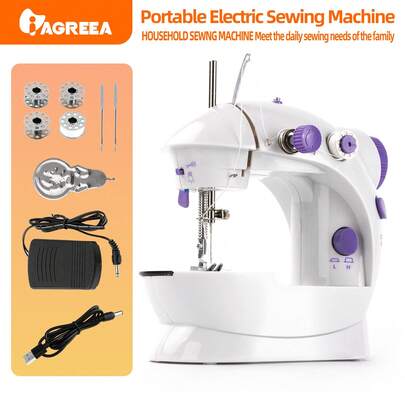  IAGREEA迷你电动缝纫机，6V直流便携式缝纫工具，带自动绕线器、脚踏板和夜灯 | 2档速度，适用于1-5层布料 | 旅行、宿舍、房车和家庭使用的理想之选 | 可用于纽扣修补、缝边、DIY手工制作