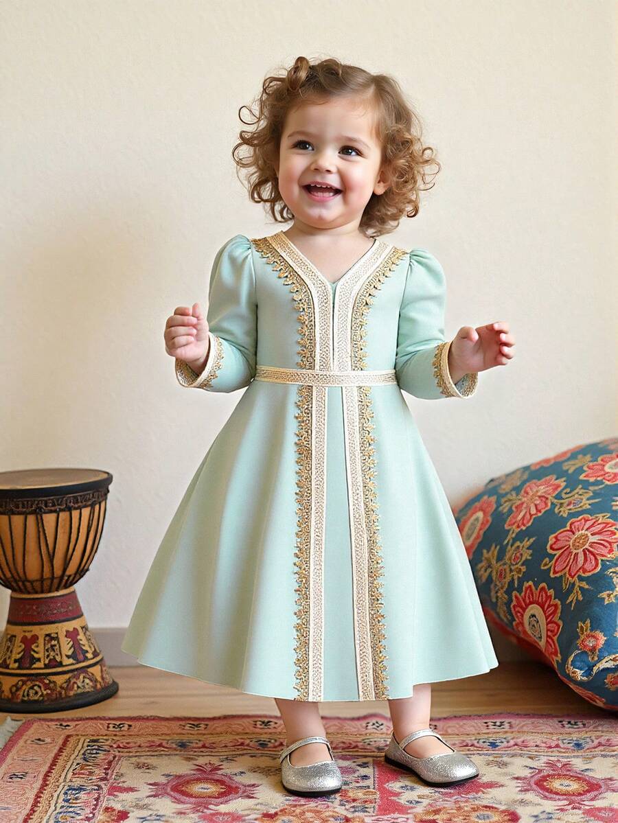 Baby Girls V-Neck Metallic Ribbon Stretchy Elegant Party Princess Dress, Suitable For Family Banquet, Holidays & Celebrations (Headband Not Included) - 綠色 - 查看 1