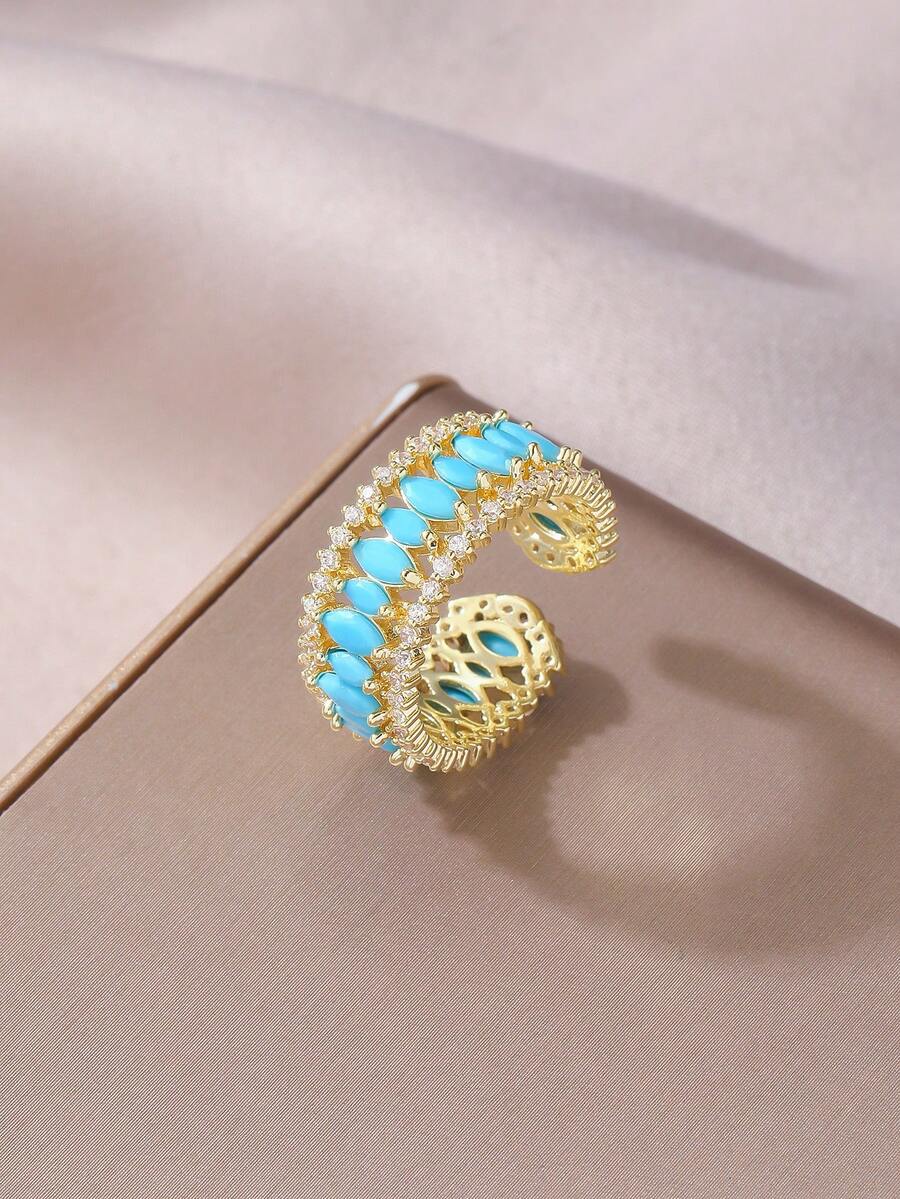 Green Blue Turquoise Crystal Ring - Women's Gold-Tone Fashion Statement Ring | Unique Daily Jewelry Favorite Of Fashion Enthusiasts - Gold - View 1