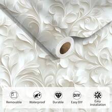 Papel de Parede Autoadesivo Branco em Rolo, Estampa Floral Europeia em Formato de Pergaminho, 43 x 300 cm (17 x 118 polegadas), Vinil para Contato, Adesivo de Parede Decorativo Impermeável e Fácil de Aplicar, Decoração Moderna e Luxuosa para Casa, Removível e Fácil de Instalar, Ideal para Sala de Estar, Parede de Fundo da TV, Quarto, Cozinha, Escritório, Presente de Dia dos Namorados, Decoração Clássica e Elegante para Ambientes - Branco - Ver 7