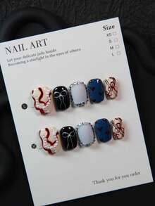 10片手工情人节方形美甲贴纸，亚克力材质，鸭嘴兽、蝴蝶结、爱心图案，可重复使用，优雅美甲装饰，适合日常、派对、婚礼、节日美甲，附赠指甲锉和啫喱。 - 黑色 - 查看 8