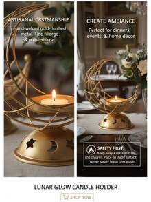 一套多层新月星空心金属烛台。这款烛台采用金属丝和金属底座制成，设计简约现代。其造型由交织的新月形框架和带有星月镂空图案的圆顶底座组成，并配有一个小巧的蜡烛托盘。 - 彩色 - 查看 6