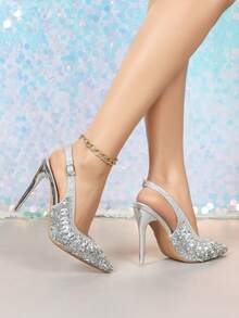 Silver Rhinestone Pointed Toe Stiletto High Heels For Women, Sparkling Elegant Ankle Strap Pumps, Luxury Party/Date/Work Occasion Shoes - Silver - View 5