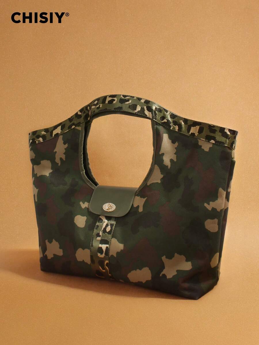 Unique Camouflage Green Large Tote Bag, High Capacity Handbag With PU Patchwork Camo, Fashionable And Casual, Suitable For Commuting, Outing, And School - 綠棕色迷彩 - 查看 1