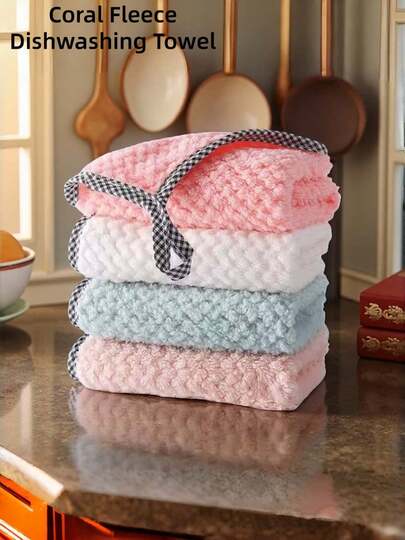 5/1 Pack Coral Fleece Cleaning Cloths - Hanging Style Kitchen Cleaning Rags, Absorbent Dish Towels, Table Wiping Cloths, Hand Drying Towels, Efficient Kitchen & Bathroom Household Towels