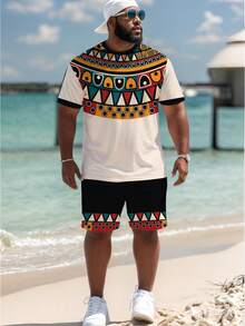 Conjunto de camiseta y pantalones cortos de estampado geométrico bohemio de verano para hombre - Multicolor - Ver 3
