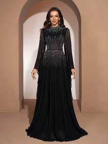 YISIKADO Women's Flowy Chiffon Evening Dress With Rhinestone Embellishment, High Neck Flare Sleeve Maxi Dress For Prom, Wedding Guest & Special Occasions Black - Black - View 6