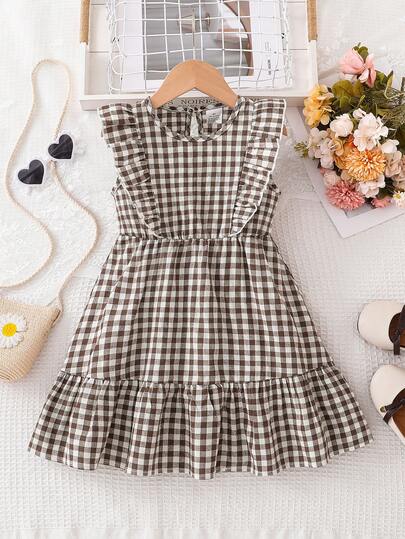 1pc Girls' European & American Fashion Casual Plaid Ruffle Hem Sleeveless Waist Tie Dress, Lightweight Summer Dress For Girls, Elegant Princess Style Suitable For Outdoor, Casual Gatherings, Holidays, Gifts