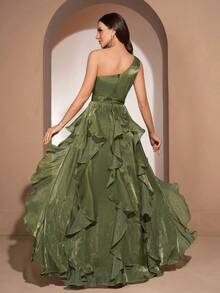 YISIKADO Women Elegant One Shoulder Ball Gown Sleeveless High-Waisted Ruffle Long Dress Wedding Guest Graduation Anniversary Homecoming Ceremony Party - Dark Green - View 3