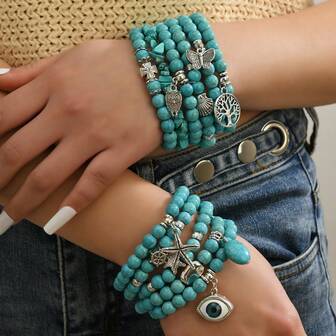 10pcs/Set Bohemian Style Turquoise Beaded Bracelet Set For Women, Turquoise Bracelet, Starfish Cross Pendant Multi-Element Beaded Vintage Turquoise Bracelet
