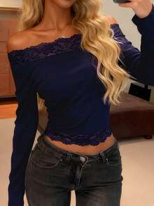 WOWDARK 女士夏季蕾丝边露肩长袖休闲上衣，蓝色，时尚性感，适合生日派对、情人节、约会、旅行、海滩等场合。 - 藏蓝色 - 查看 3
