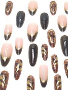 24pcs Brown Leopard Almond Shaped 3D Gold Metallic French False Nails, Suitable For Birthday Party, Comes With Jelly Gel And File, Reusable - Brown - View 5