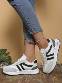 Zapatillas retro de suela gruesa, parte superior reforzada, adecuadas para correr, para mujer - Blanco y Negro - Ver 1