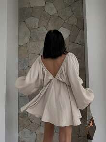 Women's Vacation Solid Deep V-Neck Lantern Sleeve Backless Dress - Apricot - View 5