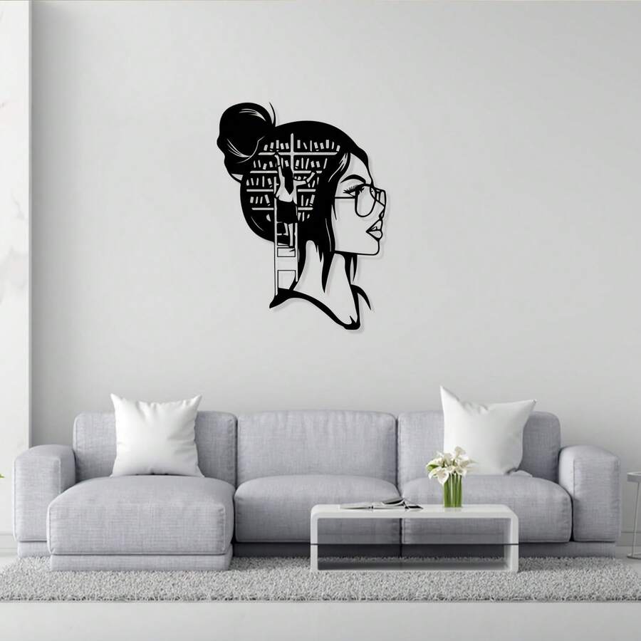 1pc Creative Female Portrait Library Metal Wall Decor | Rust-Resistant Iron Art Wall Sculpture, Ideal For Home And Garden Wall Decoration, Perfect For World Book Day, Back To School Season, Book Lovers - Black - View 1