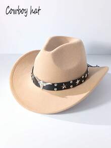 1pc Men's And Women's Western Cowboy Hat, Classic Wide-Brimmed Cowboy Hat, Black Five-Pointed Star Belt And Silver Cow Head Decoration. Suitable For Daily Wear And Outdoor Gatherings, Parties, Music Festivals, Wedding Season, Back-To-School Season, Valentine's Day. Men's Cowboy Hat, Women's Cowboy Hat