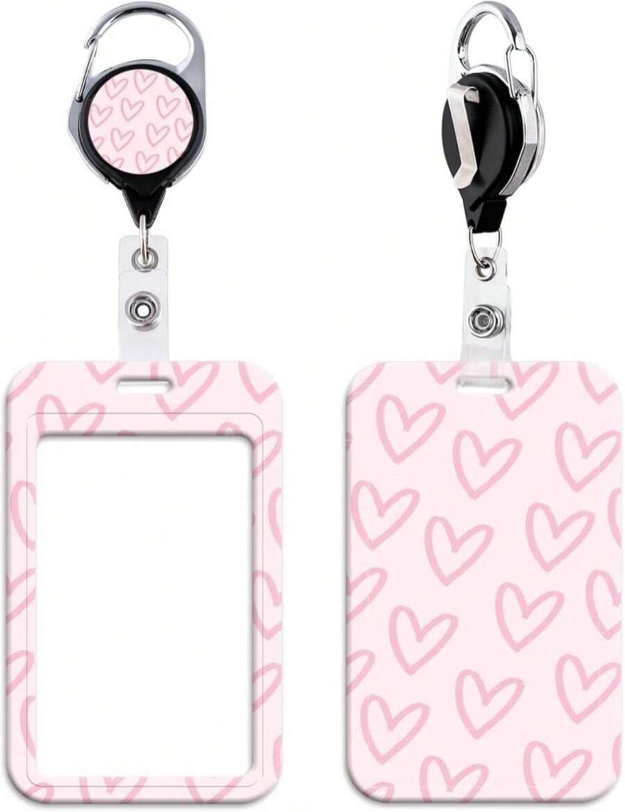 Beemorita Cute Pink ID Badge Holder Love Heart Preppy School Work Heavy Duty Retractable Badge Reel Clip With ID Holder For Keys &Amp; ID Badges For Kids Women School Teachers Girls Nurses - ColorQ - 查看 1