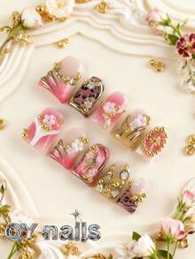 10片/套 鸭子造型美甲贴片，中号，冬季美甲，可爱风格，可拆卸，适合派对、舞蹈、日常佩戴、学生聚会、上班族角色扮演，按压式可重复使用，附赠果冻胶和指甲锉等美甲用品 - 粉色 - 查看 2