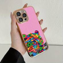 Abstract Art Neon Leopard Pink Background Phone Case, Full-Coverage Lens Electroplated TPU Phone Case, Exquisite Electroplating Process, Built-In Lens Protector For Scratch And Dust Protection, High-Definition Transparent Back Panel, Material: TPU + Lens Protector, Suitable For IPhone 17, 16, 15, 14, 13, 12, 11 Plus, Pro, Pro Max, And Air. Perfect Gift For Friends, Loved Ones, Or Yourself. - Gold - View 2