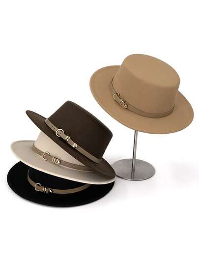 1pc Women's Vintage Black Wide Brim Wool Felt Flat Top Hat, Suitable For Daily, Travel, Evening Events, Autumn/Winter, British Style