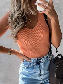 Acelitt Áo tank top nữ màu trơn, cổ chữ V, chất liệu len dệt kim, kiểu dáng casual, hở lưng, thích hợp cho kỳ nghỉ hè. - trái cam - Xem 3