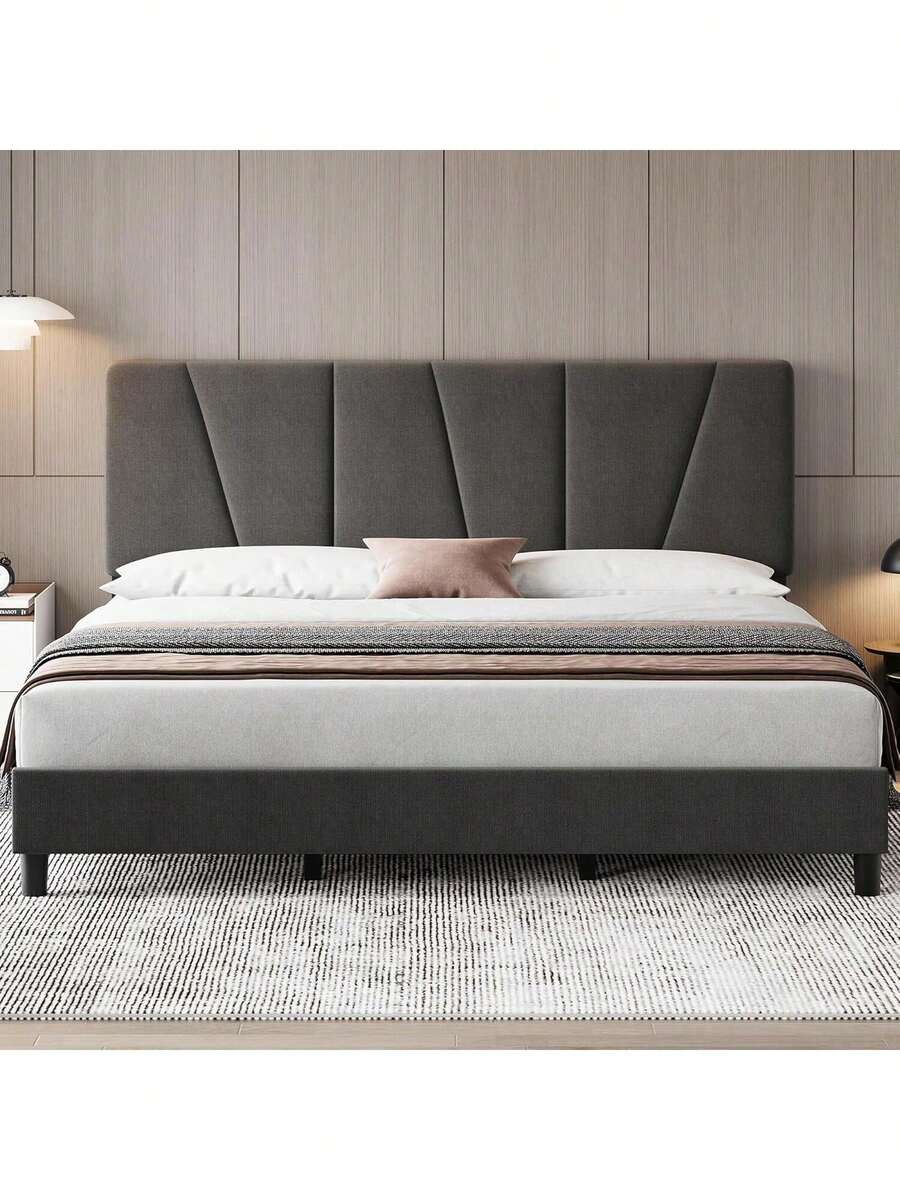 Marco de cama con acolchado de terciopelo y cabecero ajustable, cama plataforma con remates y listones de madera resistentes, no necesita colchón de muelles, fácil de ensamblar - Gris oscuro - Tamaño king - Ver 1
