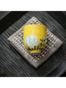 1pc Hand-Painted Camellia Ceramic Tea Cup With Saucer, 50ml Chinese Style Teacup Gongfu Tea Set Household Drinkware - Yellow - View 3